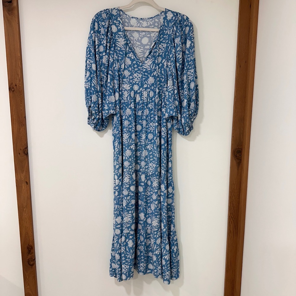 Floral Maxi Dress Women Size M Blue Wedding Guest Dress Boho Cottagecore